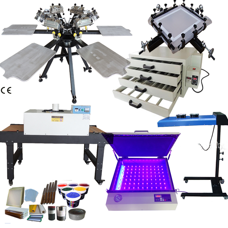 6 color 6 station screen printing equipment full set with flash dryer tunnel dryer exposure machine
